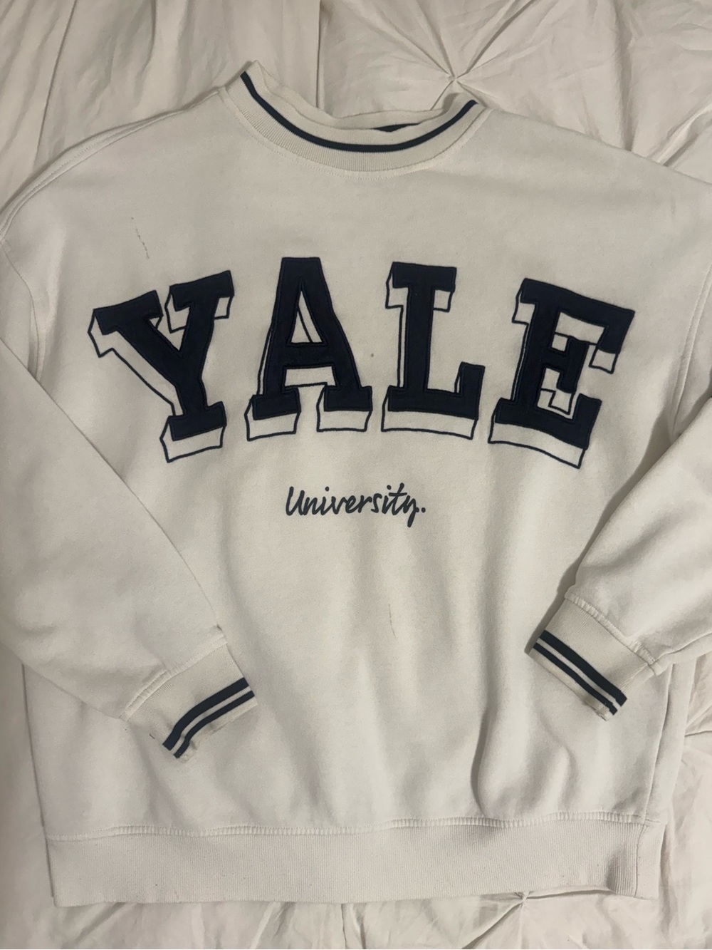 H&M White Crewneck Sweatshirt with Navy Yale Lettering
